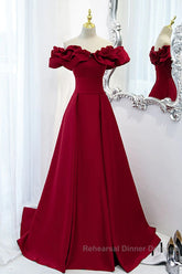 Wine Red Off Shoulder Sweetheart Long Party Dress, Wine Red Semi Formal Prom Dress Evening Dress